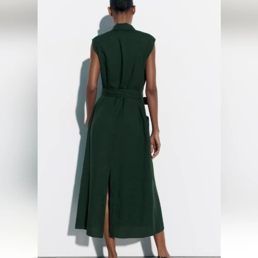 ZARA Belted Midi Linen Blend Dress Sz-XL - Picture 4 of 12